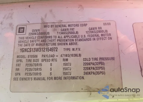 2001 Chevrolet Blazer Lt z USA, uszkodzony, nr VIN 1GNCS13W312154972